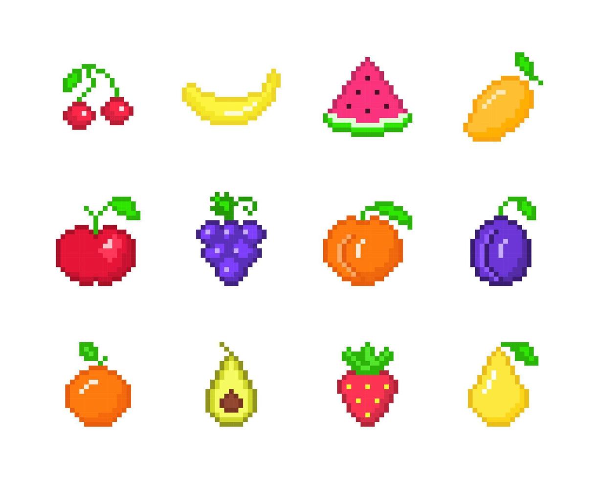 conjunto de frutas de píxeles de colores. durazno maduro simple con fresas rojas y uvas azules. mango dulce amarillo con manzana roja y cerezas para el diseño vectorial de 8 bits vector