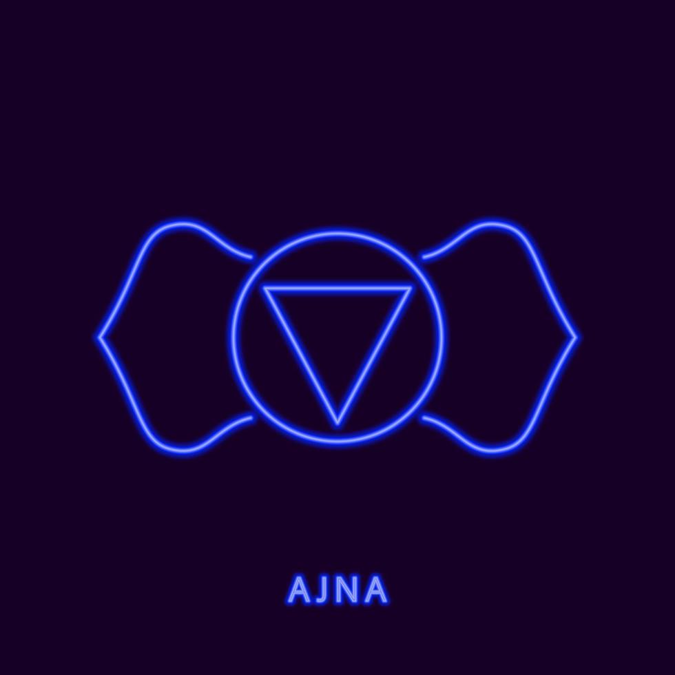 Neon chakra ajna third eye. Luminous blue symbol of subtle penetrating mind and acquisition of supernatural powers. Bhrumadhya to enter unborn divine vector principle