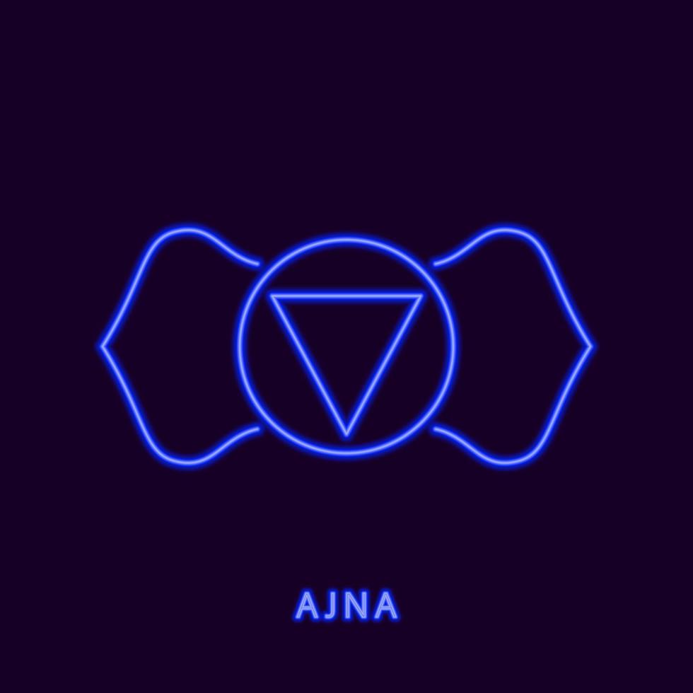 Neon chakra ajna third eye. Luminous blue symbol of subtle penetrating mind and acquisition of supernatural powers. Bhrumadhya to enter unborn divine vector principle