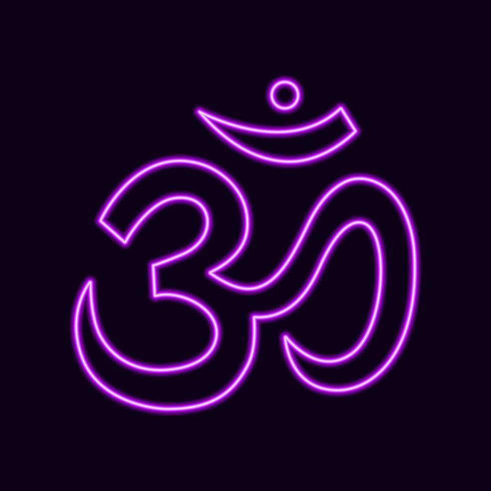 Neon symbol sound om. Main purple sign of sacred mantra pure divine yoga and spirituality religious hinduism with vector buddhism