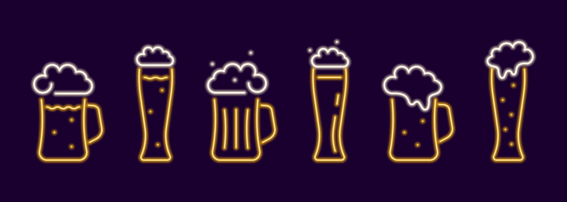 Mugs and glasses with neon beer set. Glowing yellow cup with refreshing drink with bubbles and white foam. Electric beer pub emblem for colorful vector design