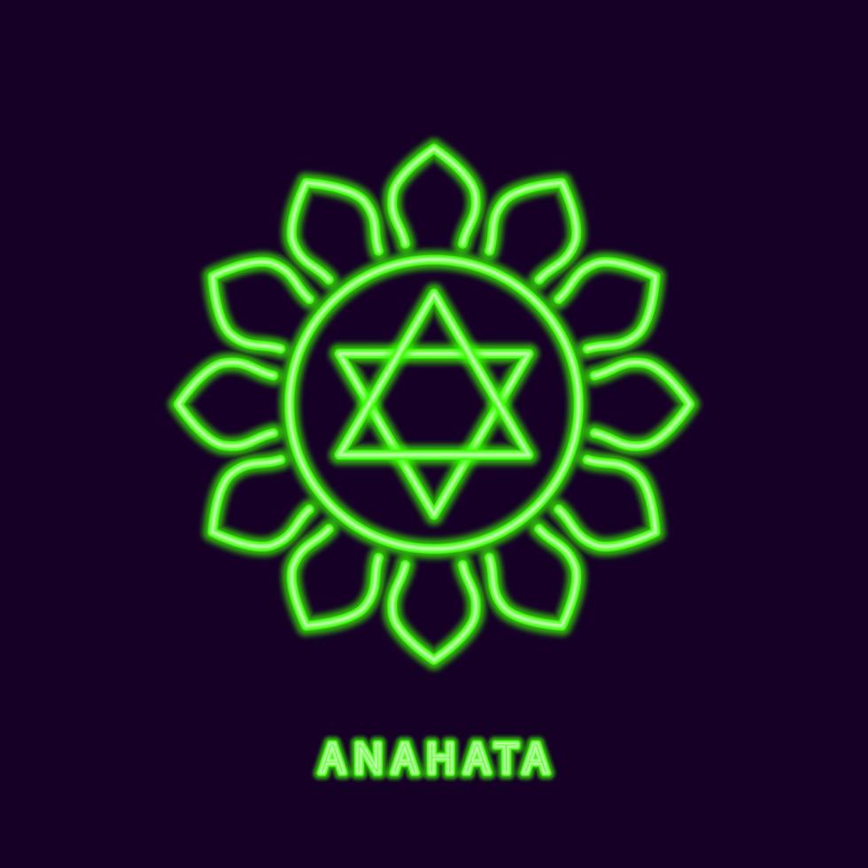 Luminous green chakra anahata. Neon symbol of clairvoyant and immortal lord of speech with 12 petals. Radiant banalingam hriday with senses under vector control