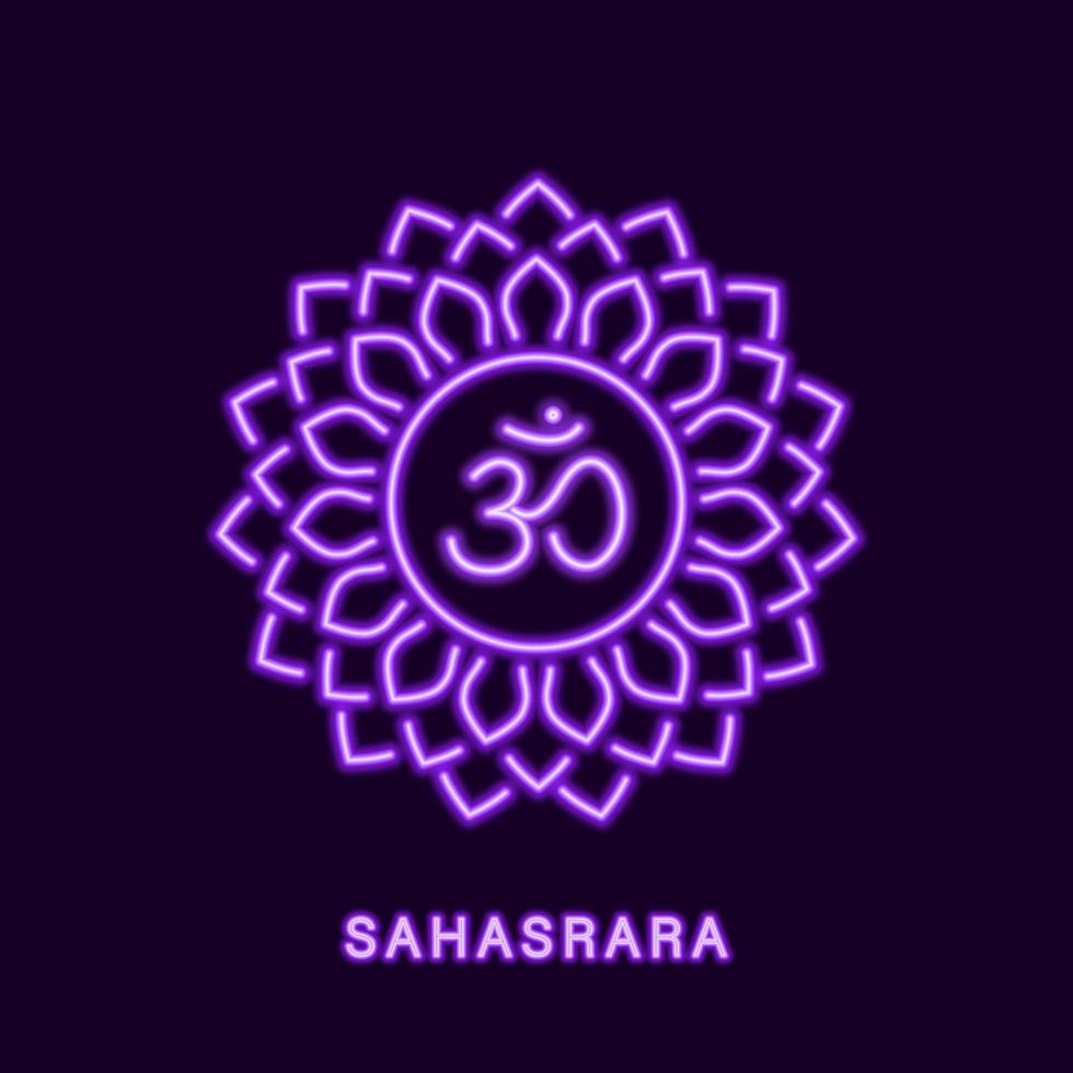 Purple glowing sahasrara chakra. Neon symbol of thousand petals amrita. Transcendental akasha with mind control and vector consciousness