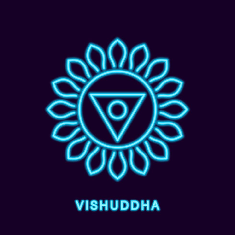 Blue neon vishuddha chakra. Luminous symbol of gateway to liberation and riches of yoga. Kantha of universal benefactor and vector long liver