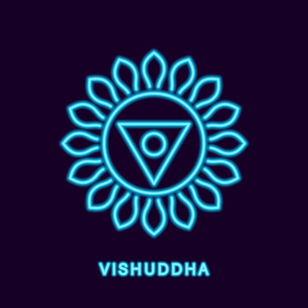 chakra vishuddha de neón azul. símbolo luminoso de puerta de entrada a la liberación y las riquezas del yoga. kantha de benefactor universal y vector hígado largo