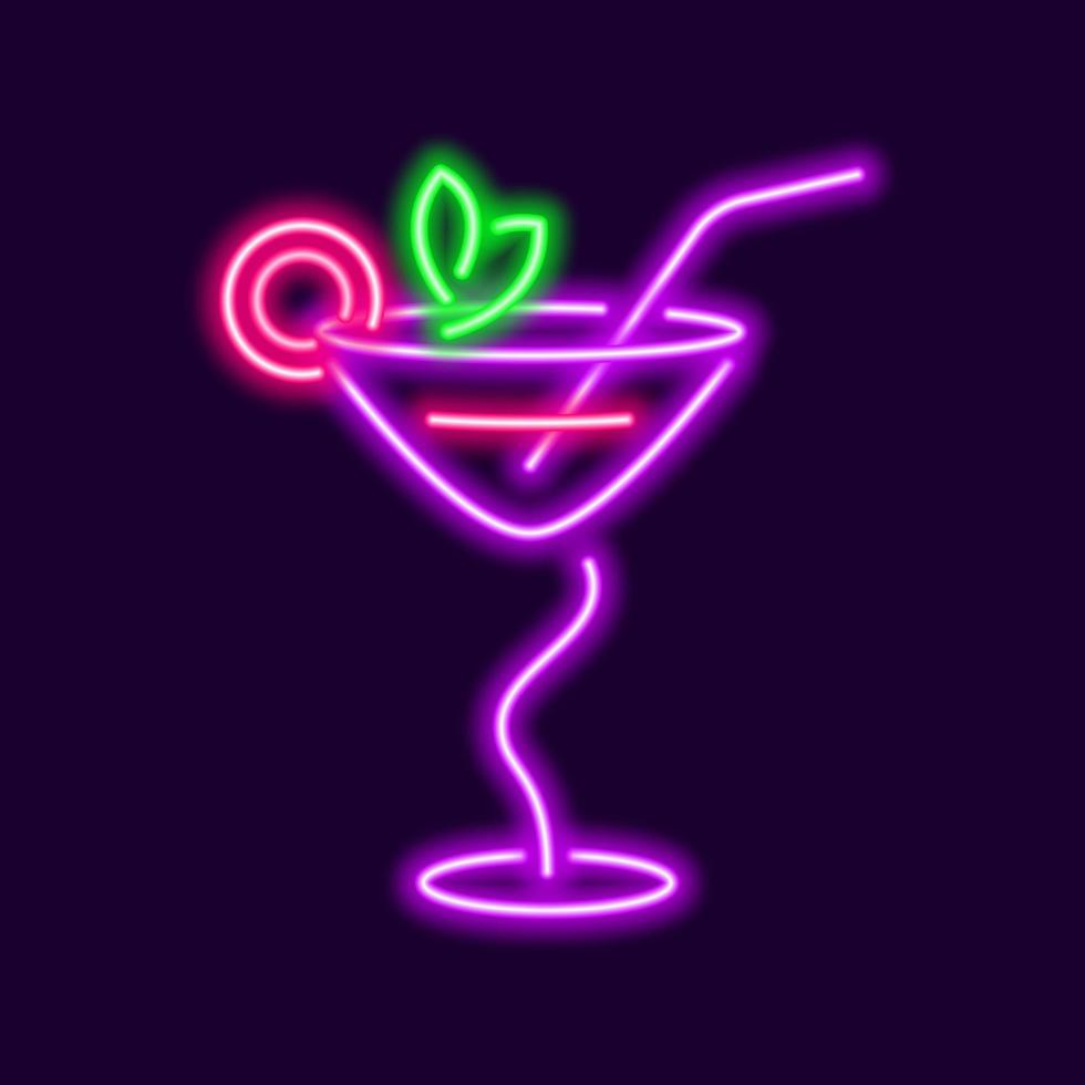 Neon cocktail with curved stem. Glowing margarita glass with green mint leaves and slice of grapefruit with straw. Popular fizz maritini royale with creamy vector grasshopper flavor