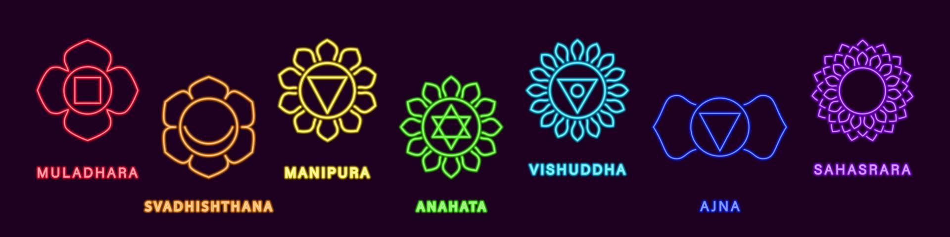 conjunto de chakras sacros de yoga de neón. púrpura brillante muladhara y salud naturaleza luz anahata curación espiritual svadhisthana con rayos que calientan la mente manipura hecho con líneas blancas en el espacio vectorial negro vector