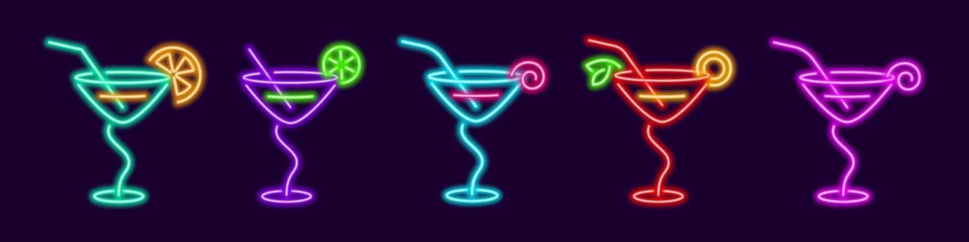 cócteles de fiesta en vasos de martini de neón con tallo curvo. knickerborker rojo con rodaja de lima y manhattan morado con limón. margarita brillante de moda con tonos de rica laguna azul vectorial. vector