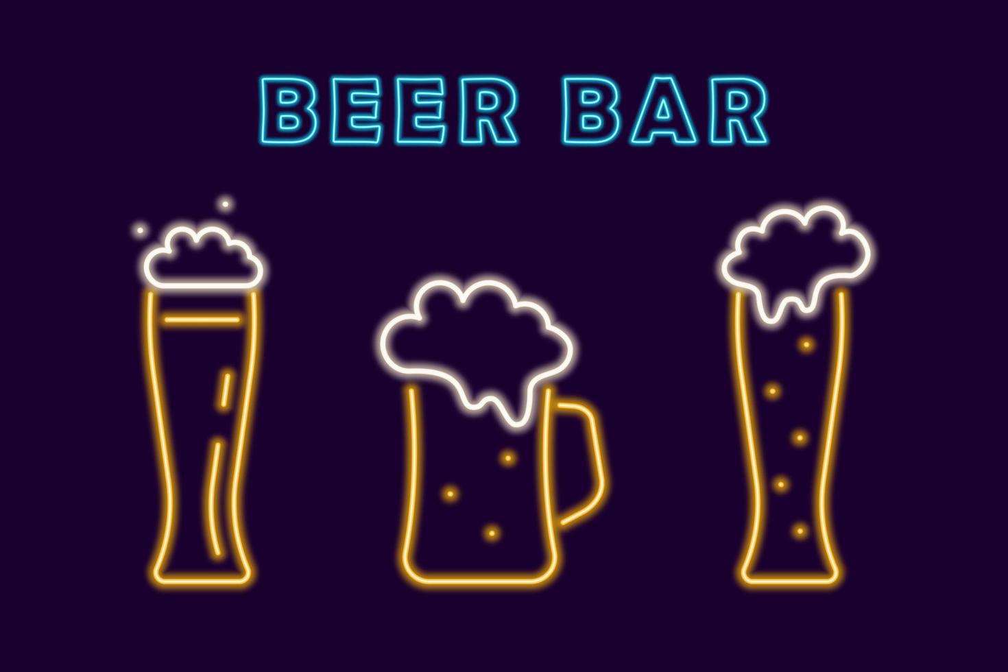Beer bar with neon glasses and mug. Glowing yellow cup with refreshing drink with bubbles and white foam. Electric ale pub emblem for colorful vector design