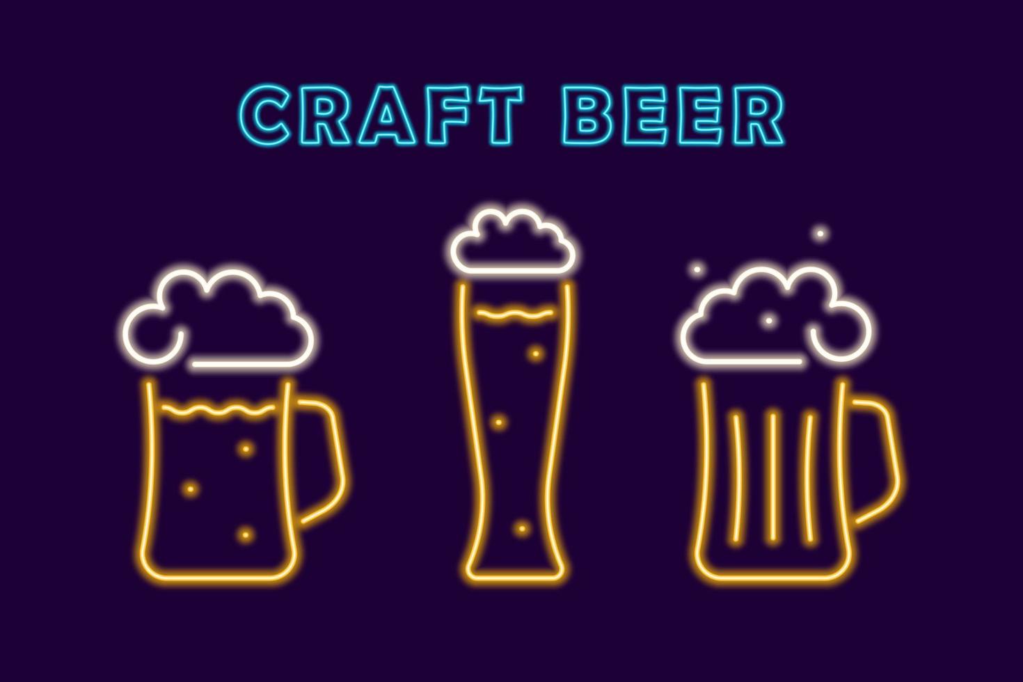 Craft neon beer. Glowing yellow mugs and glasses with refreshing drink with bubbles and white foam. Electric beer pub emblem for colorful vector design