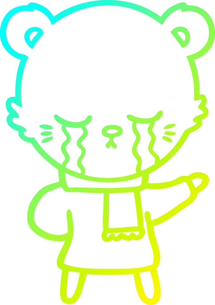 cold gradient line drawing crying cartoon bear wearing winter clothes vector