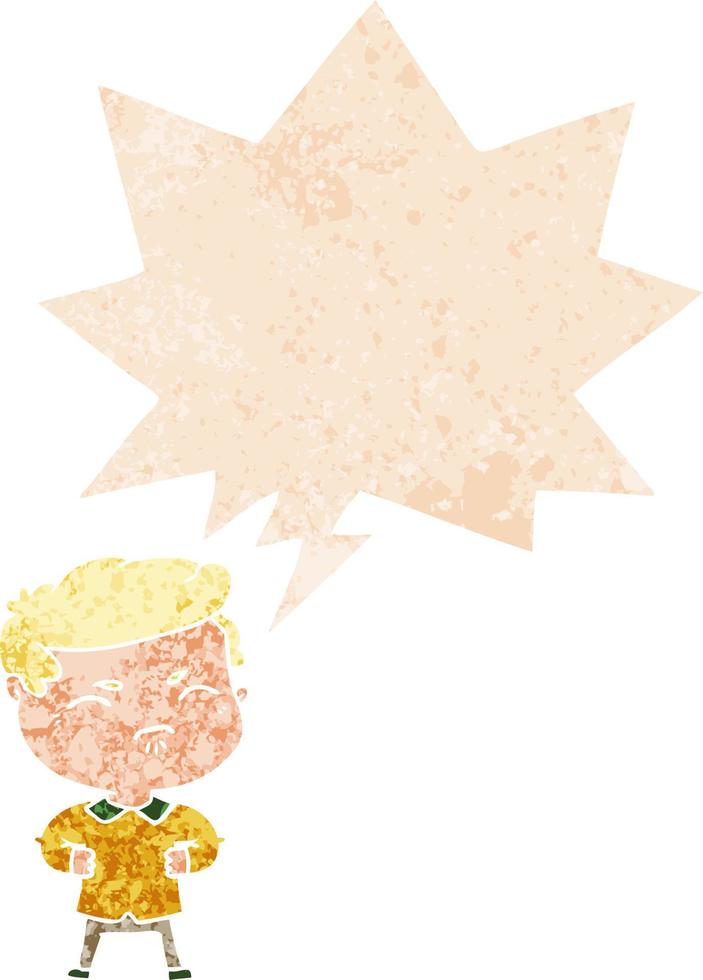 cartoon annoyed man and speech bubble in retro textured style vector