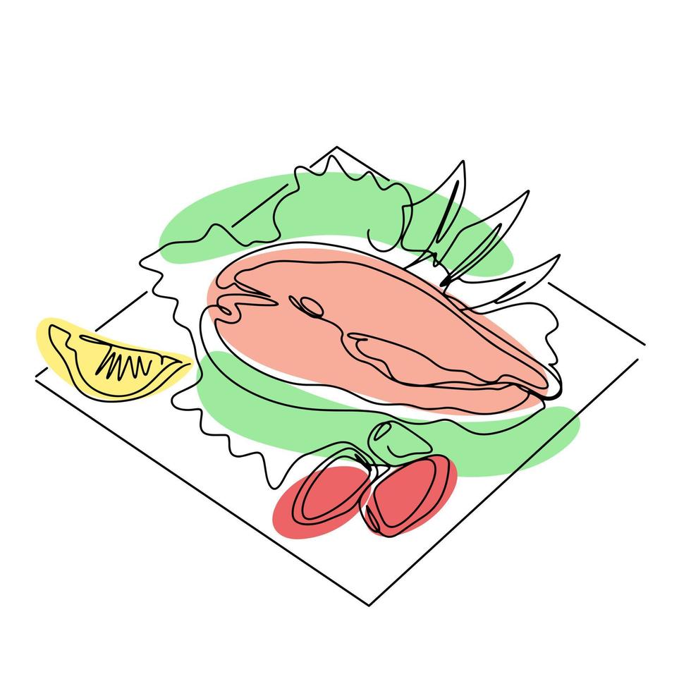 Dish salmon with salad lemon and tomatoes line art vector