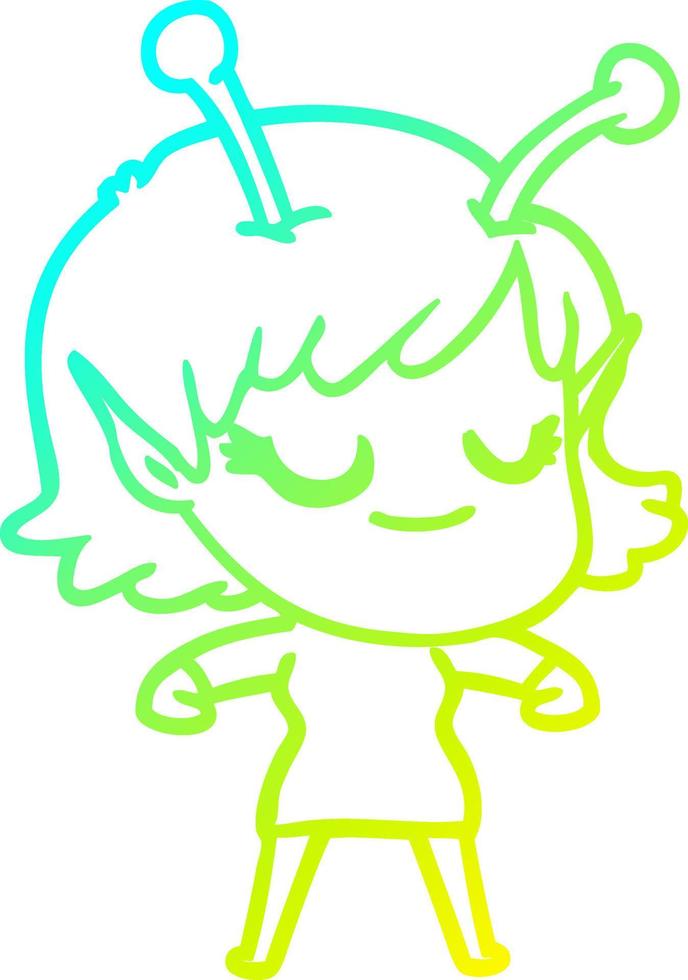 cold gradient line drawing smiling alien girl cartoon vector