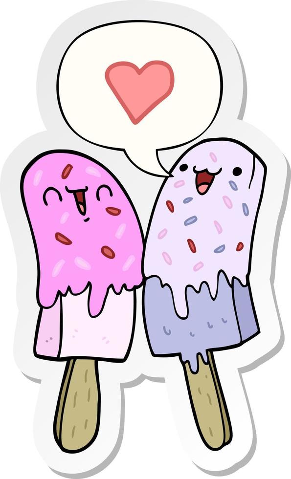 paleta de hielo de dibujos animados en el amor y la etiqueta engomada de la burbuja del habla vector