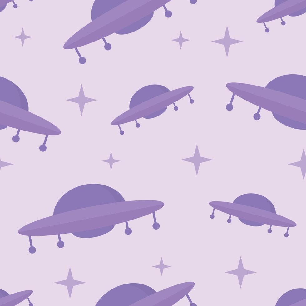 Pattern with cartoon UFO aliens. Flying saucers in space. Vector pattern.