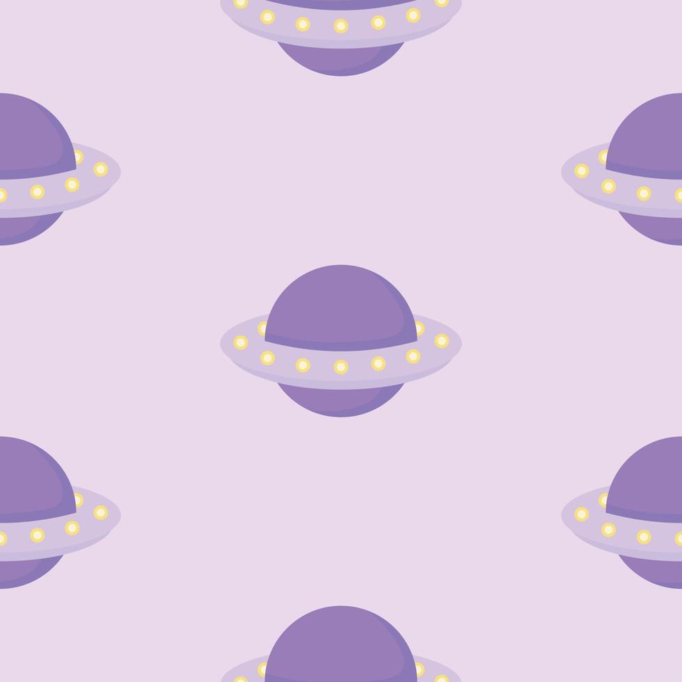 Pattern with cartoon UFO aliens. Flying saucers in space. Vector pattern.