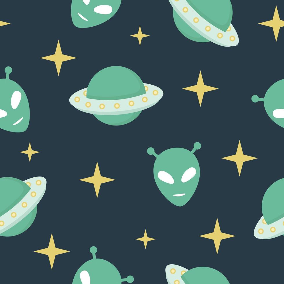 Pattern with cartoon UFO aliens. Flying saucers in space. Vector pattern.