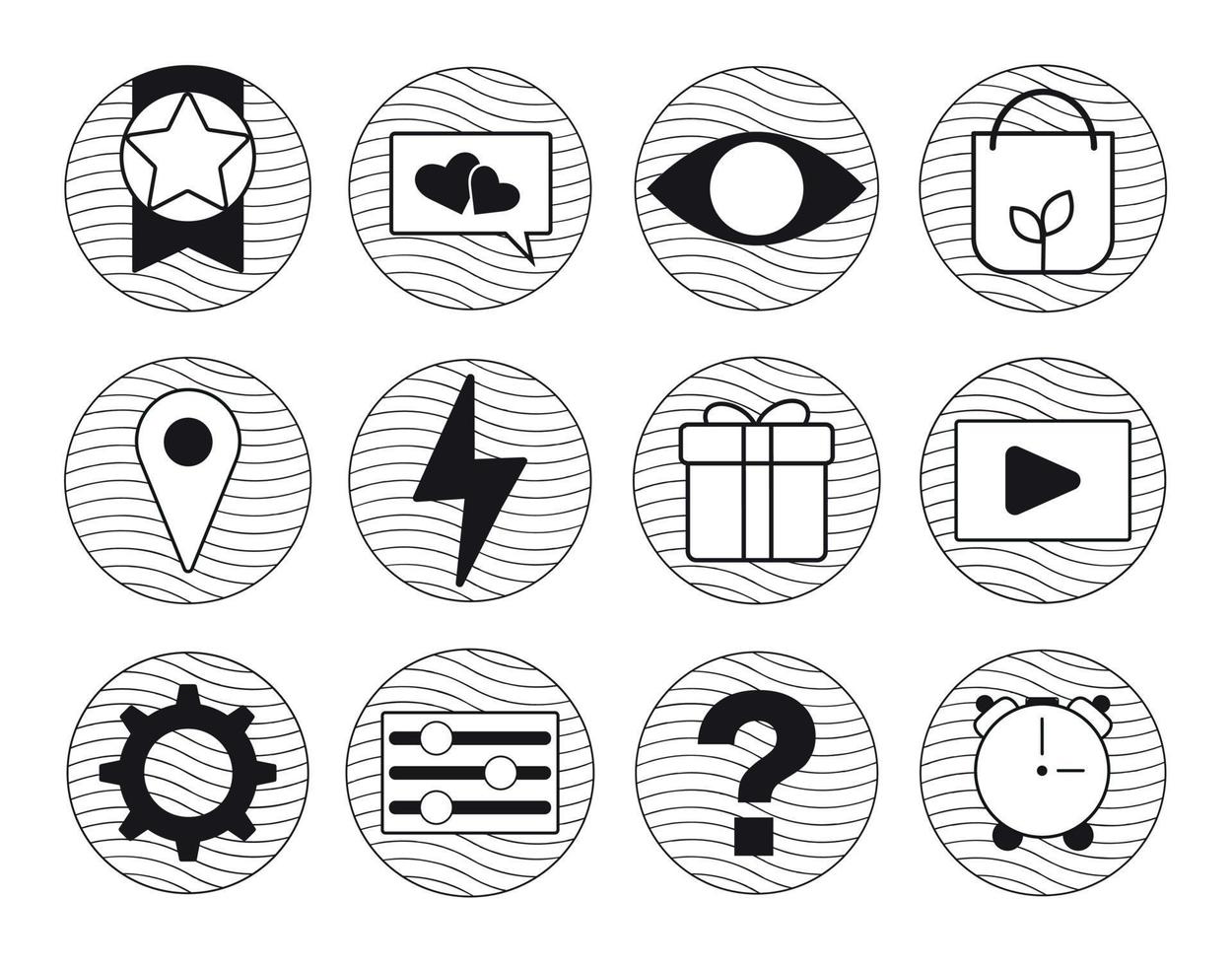 Set of stylish linear vector icons. Universal icon set. Black and white icons.