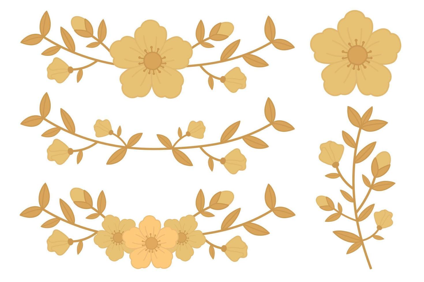 Set of vector yellow floral elements. Flowers in retro style. Vintage floral elements.