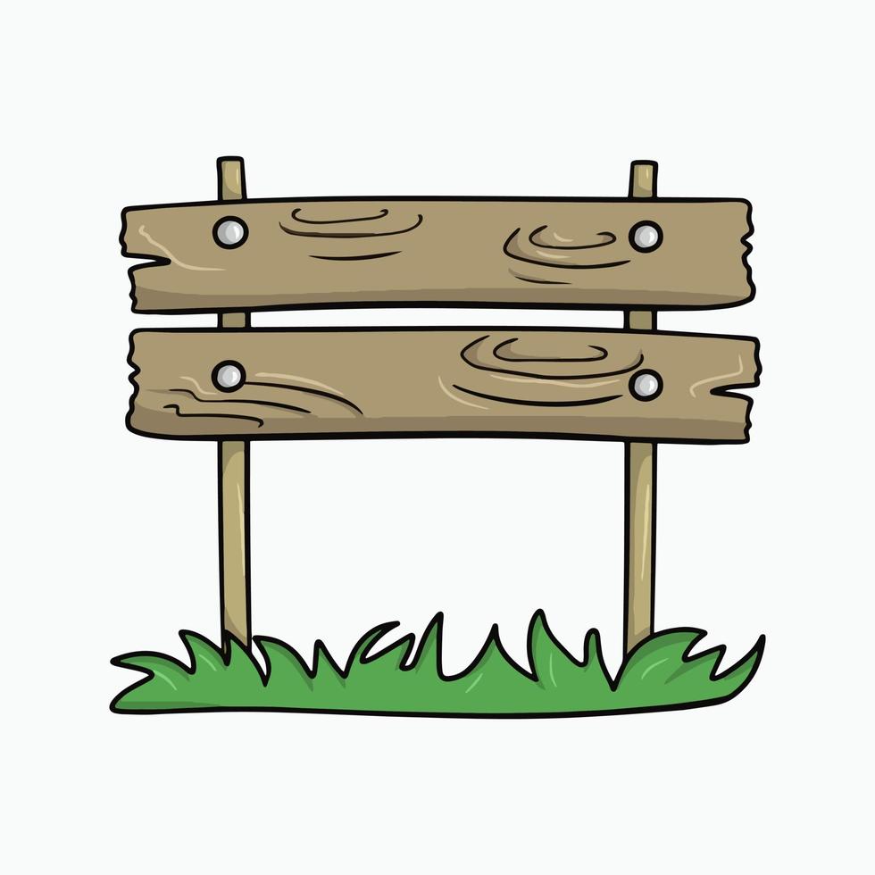 un gran cartel de madera marrón antiguo sobre dos pilares, un puesto con hierba verde, una ilustración vectorial en estilo de dibujos animados sobre un fondo blanco vector