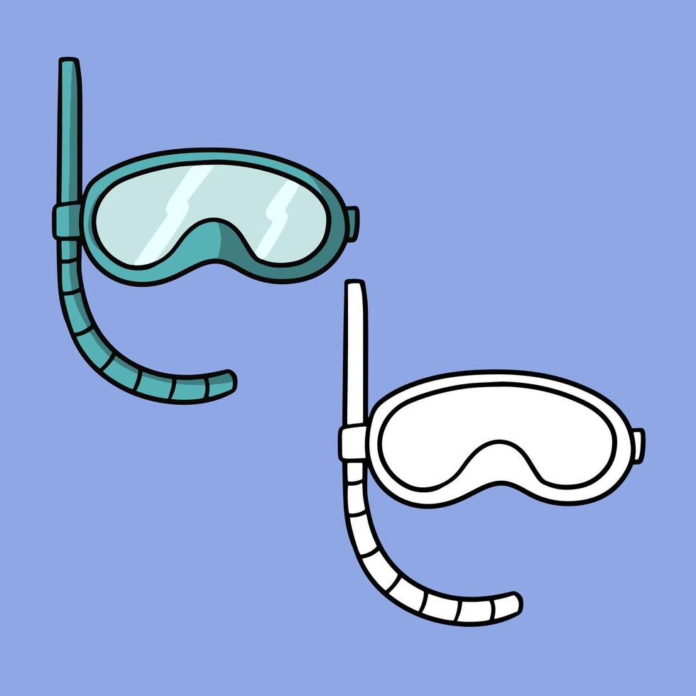 A set of pictures, a scuba diving mask with a breathing tube, a vector illustration in cartoon style on a colored background