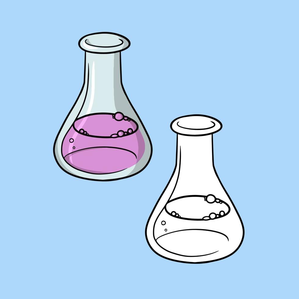 A set of pictures, a triangular glass flask with a solution for experiments, a vector cartoon illustration on a colored background