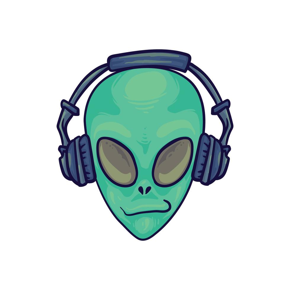 ilustración dibujos animados aislados cabeza alienígena dibujada a mano con auriculares escuchar música y relajarse vector