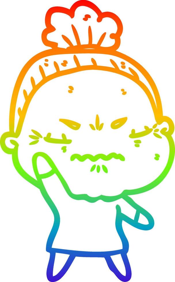 rainbow gradient line drawing cartoon annoyed old lady vector