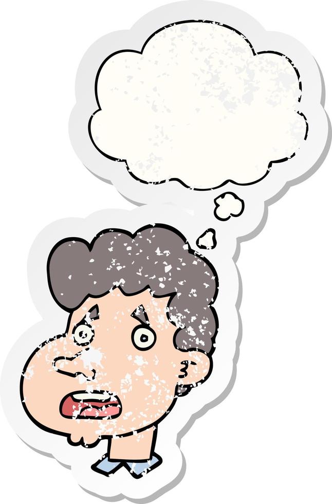 cartoon shocked man and thought bubble as a distressed worn sticker vector