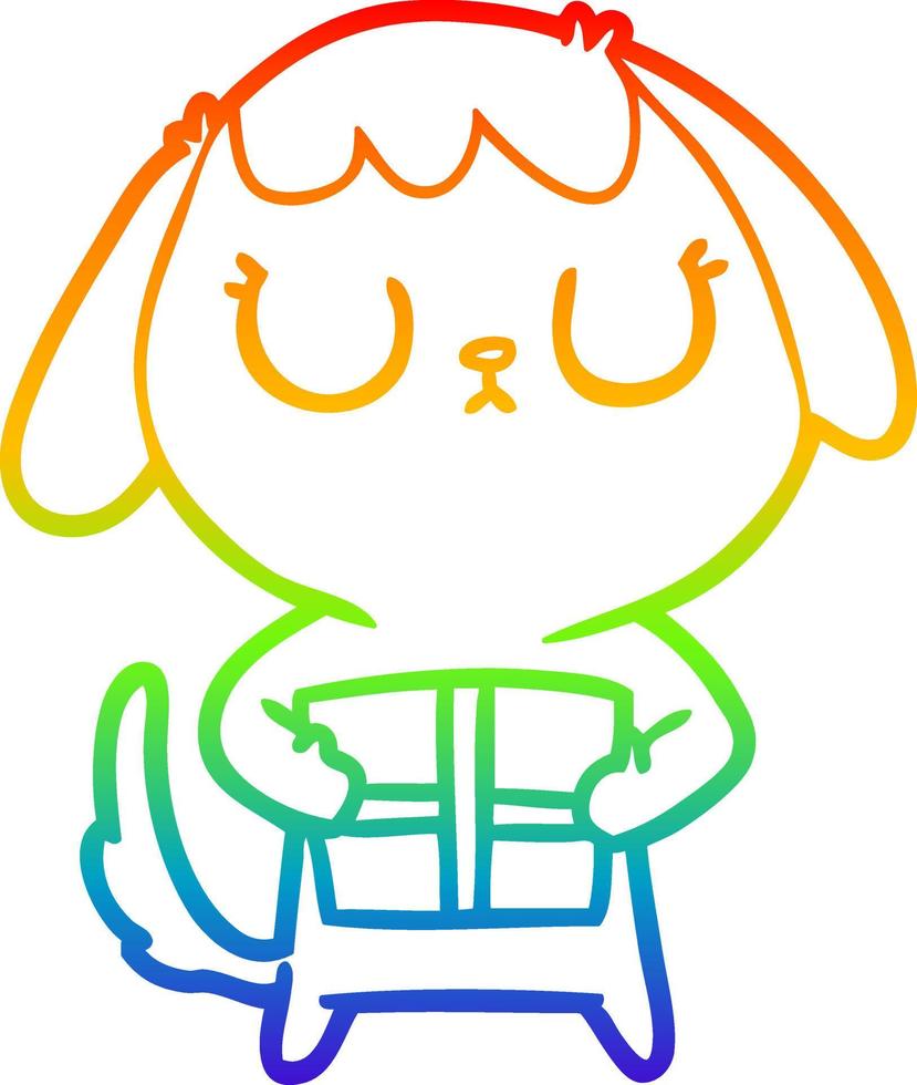 rainbow gradient line drawing cute cartoon dog with christmas present vector