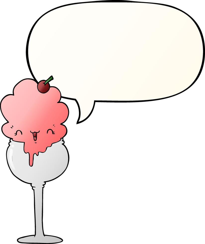lindo desierto de helado de dibujos animados y burbuja de habla en un estilo de gradiente suave vector