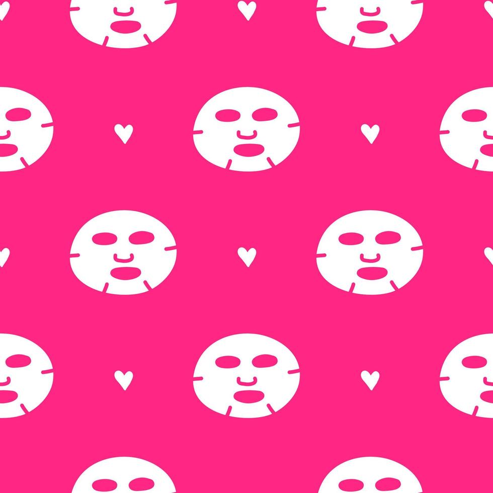 Simple pink seamless pattern with doodle cosmetic sheet masks and hearts. vector