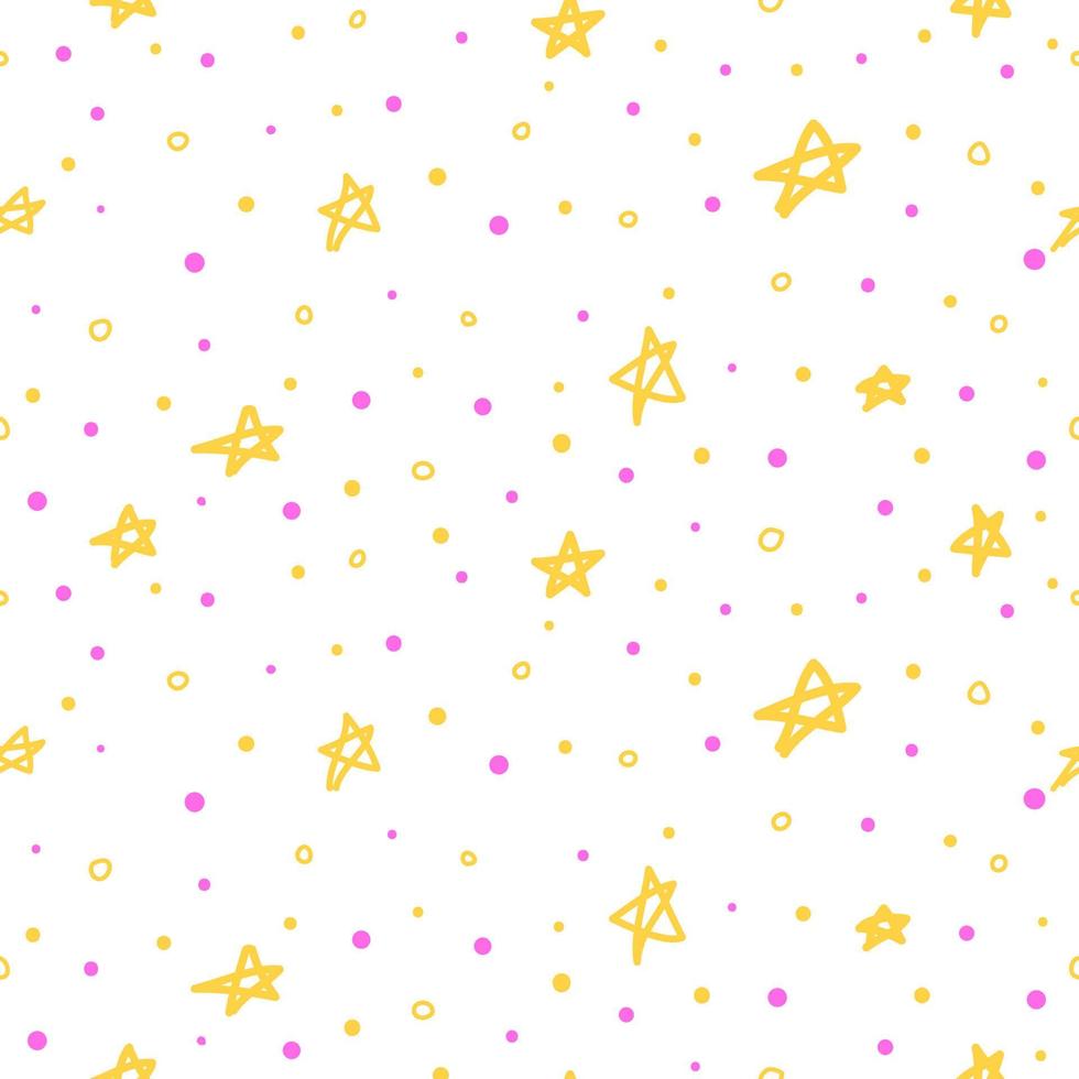 White seamless pattern with doodle yellow abstract stars and dots. vector