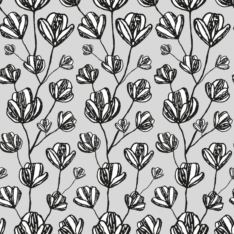 Grey seamless pattern with black and white grunge sketched flowers. Perfect for textile, fashion clothing, prints, posters. vector