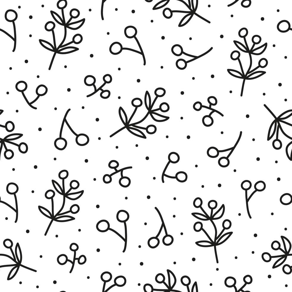 Black and white seamless pattern with doodle outline blueberry twigs. vector