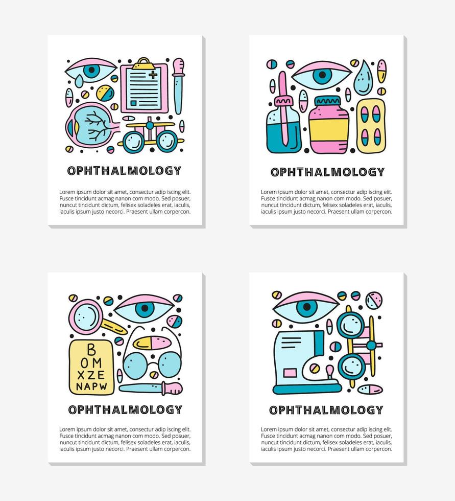 Cards with doodle colored ophthalmology icons including runny eye, pipette bottle, cornea, blank clipboard, lens case, glasses, autorefractometer, etc isolated on grey background. vector