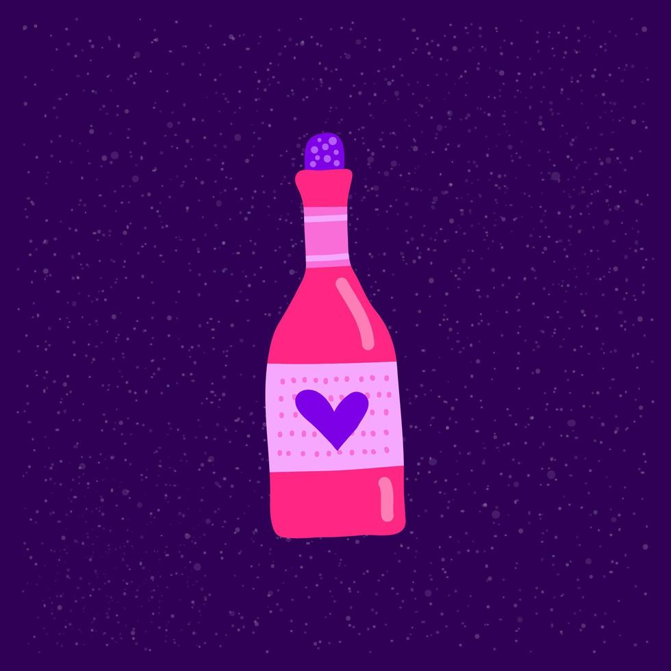 Colorful doodle alcohol wine or champagne in glass bottle with heart isolated on purple background. vector