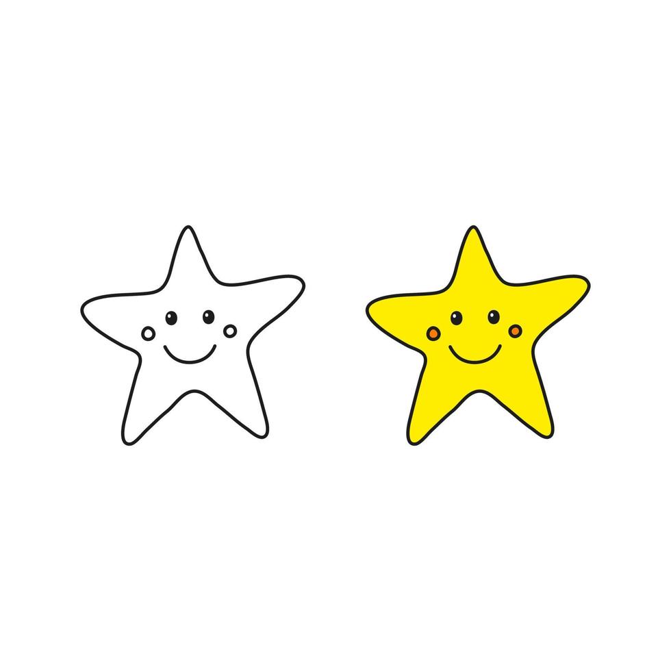 Doodle outline and colored star happy character icon isolated on white background. vector