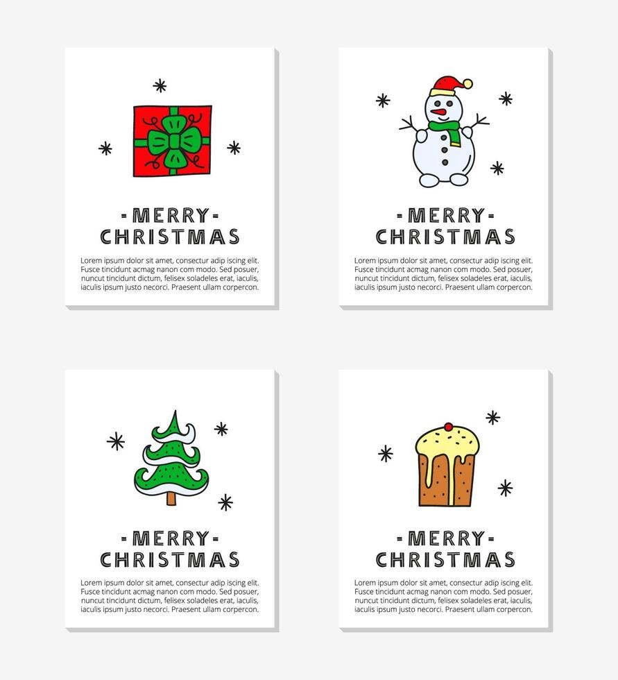Cards with text and cute colored doodle Christmas and New Year icons including snowman, fir tree, present, panettone isolated on grey background. vector