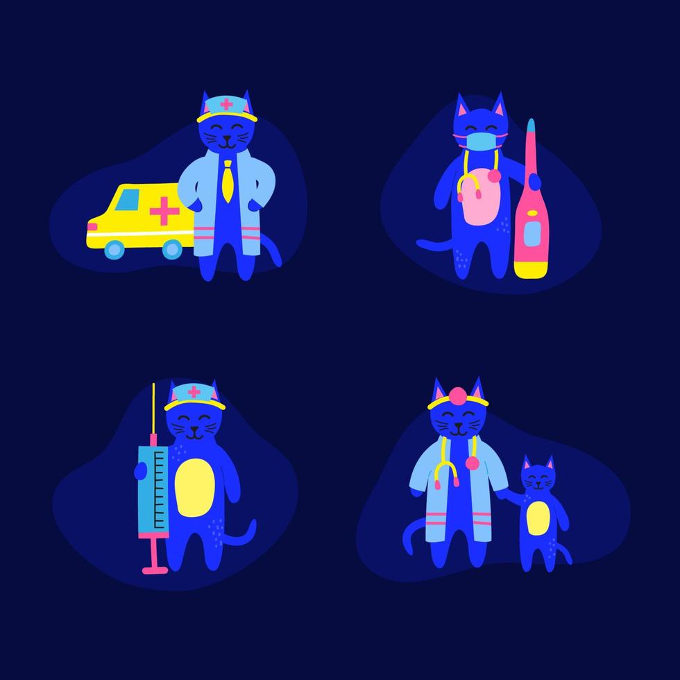 Set of cute doodle small doctor cats characters with big medical syringe, ambulance car, thermometer isolated on blue background. Suitable for childrens activities, education, posters. vector