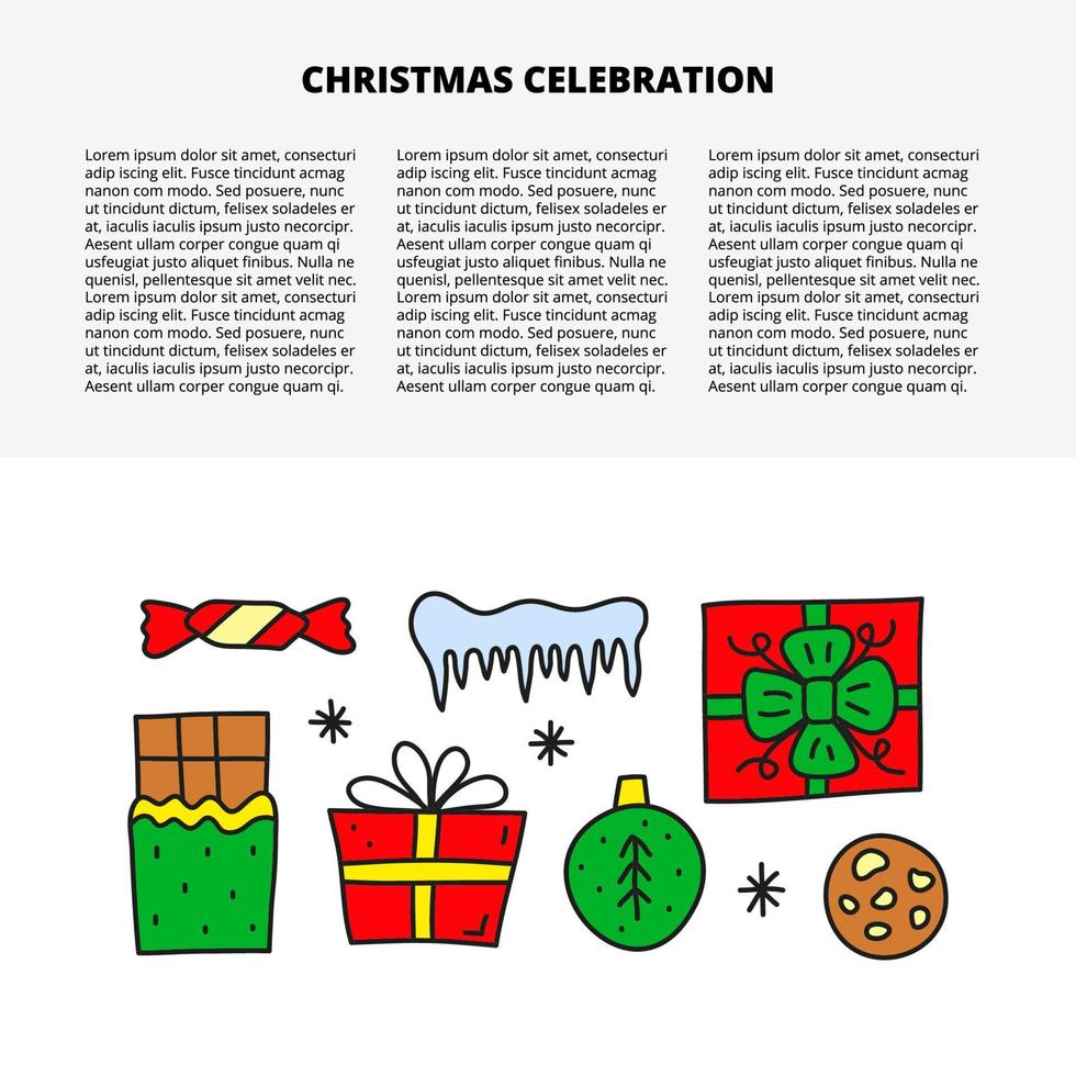 Article template with text and cute outline doodle Christmas and New Year icons including chocolate bar, present boxes, candy, icicle, ball or bauble, cookie, snowflakes. vector