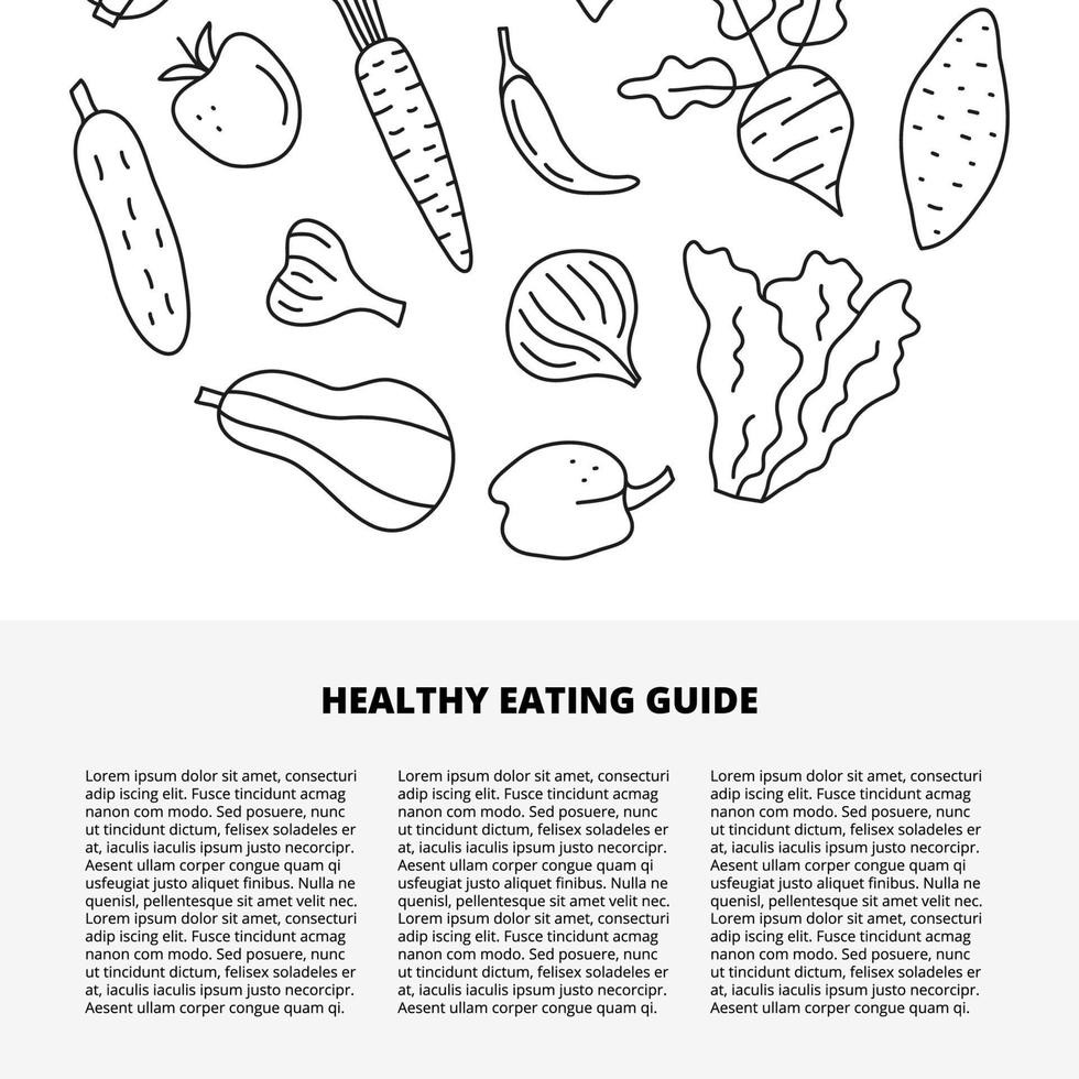 plantilla de artículo con texto y lindos íconos de vegetales de alimentos de contorno de garabatos que incluyen ajo, pepino, batata, cebolla, remolacha, calabacín, mantequilla, tomate, zanahoria, chile, lechuga, pimiento. vector