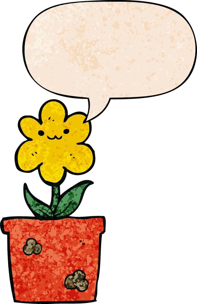 cartoon house plant and speech bubble in retro texture style vector