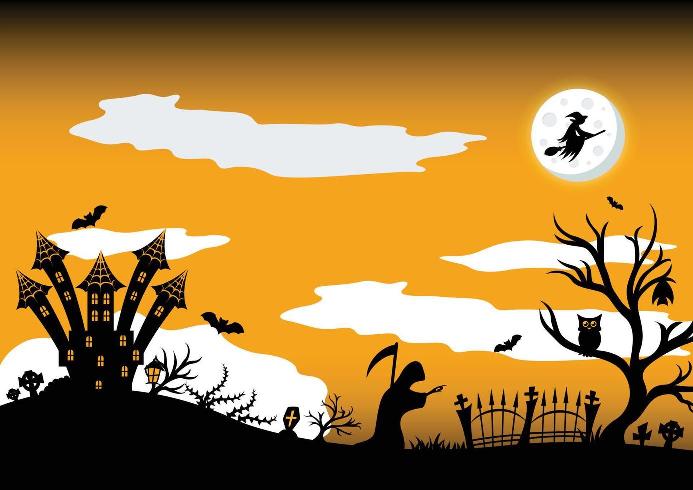 fondo de halloween con silueta de castillo aterrador, luna llena, cementerio y parca vector