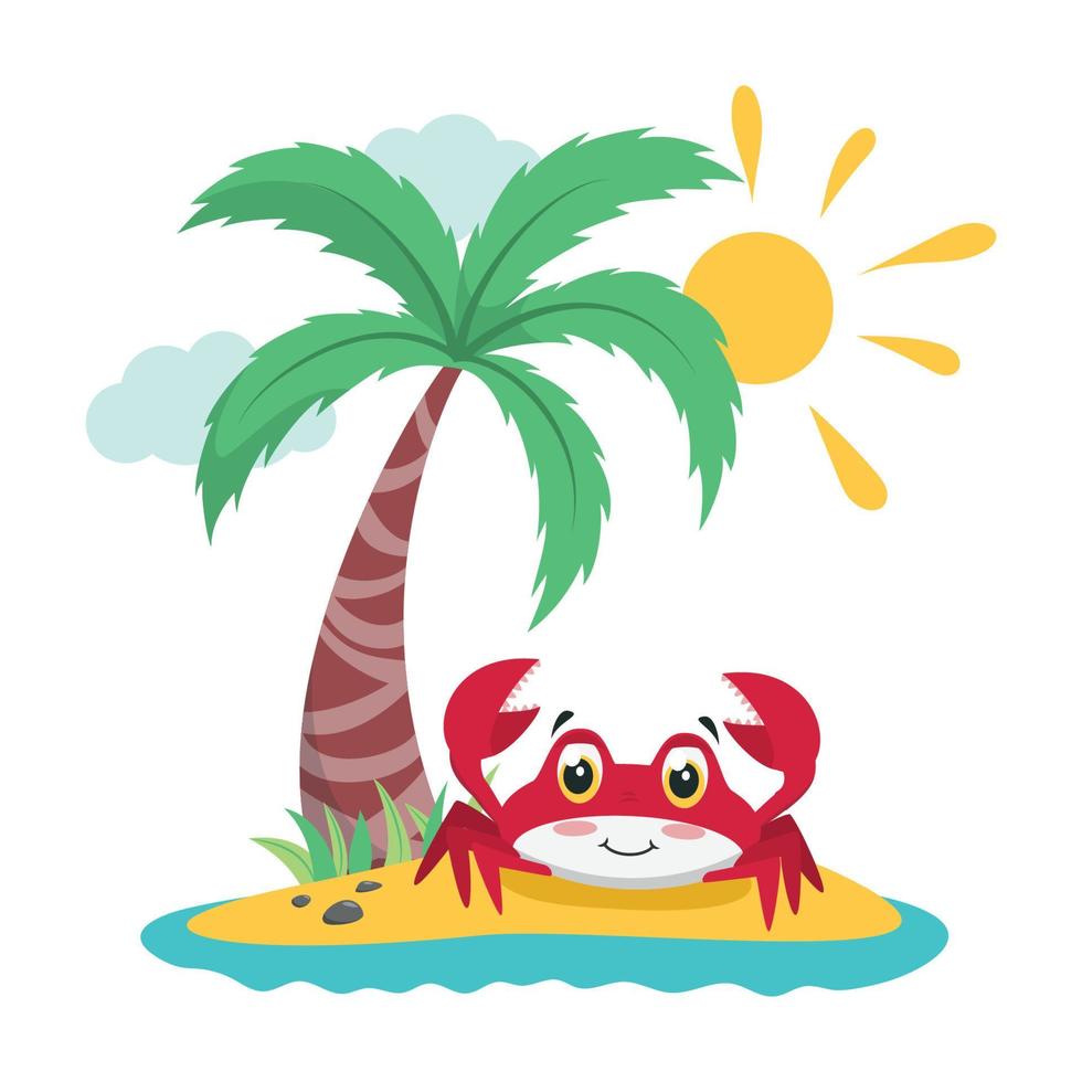 lindo cangrejo de dibujos animados en una pequeña isla con palmera vector