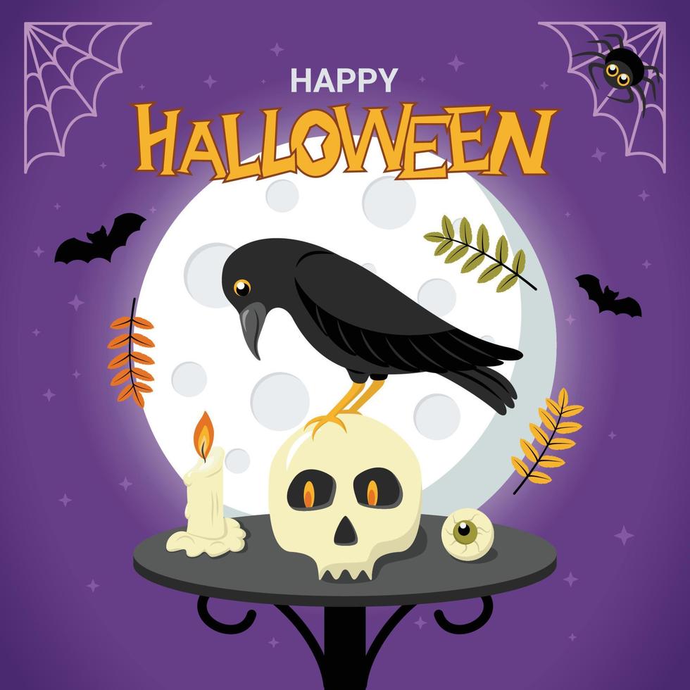 banner de feliz halloween con cuervo negro sentado en el cráneo bajo la luna llena vector