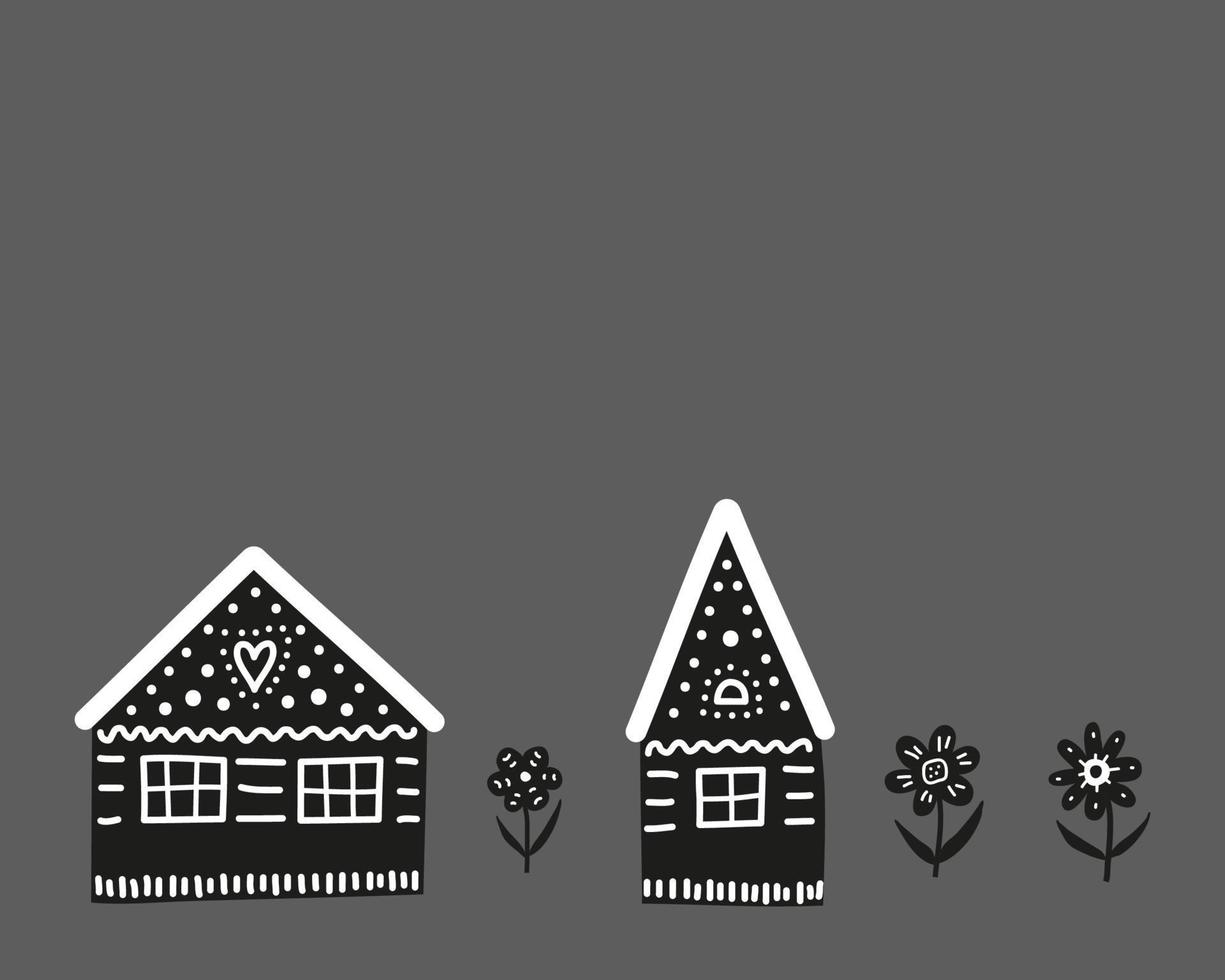 lindas casas escandinavas negras de fideos y flores grandes aisladas en el fondo de la pizarra. cartel de arte popular nórdico. vector