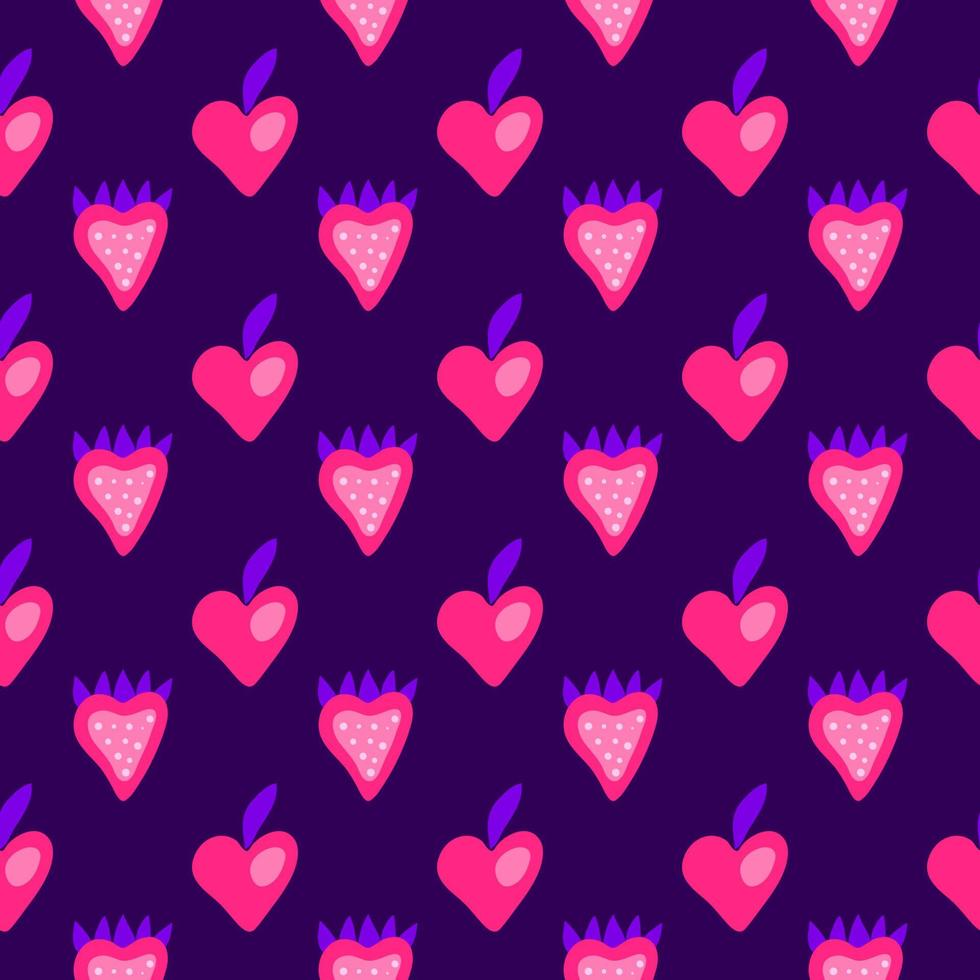 Cute colorful seamless pattern with doodle heart shaped strawberries and peaches. vector