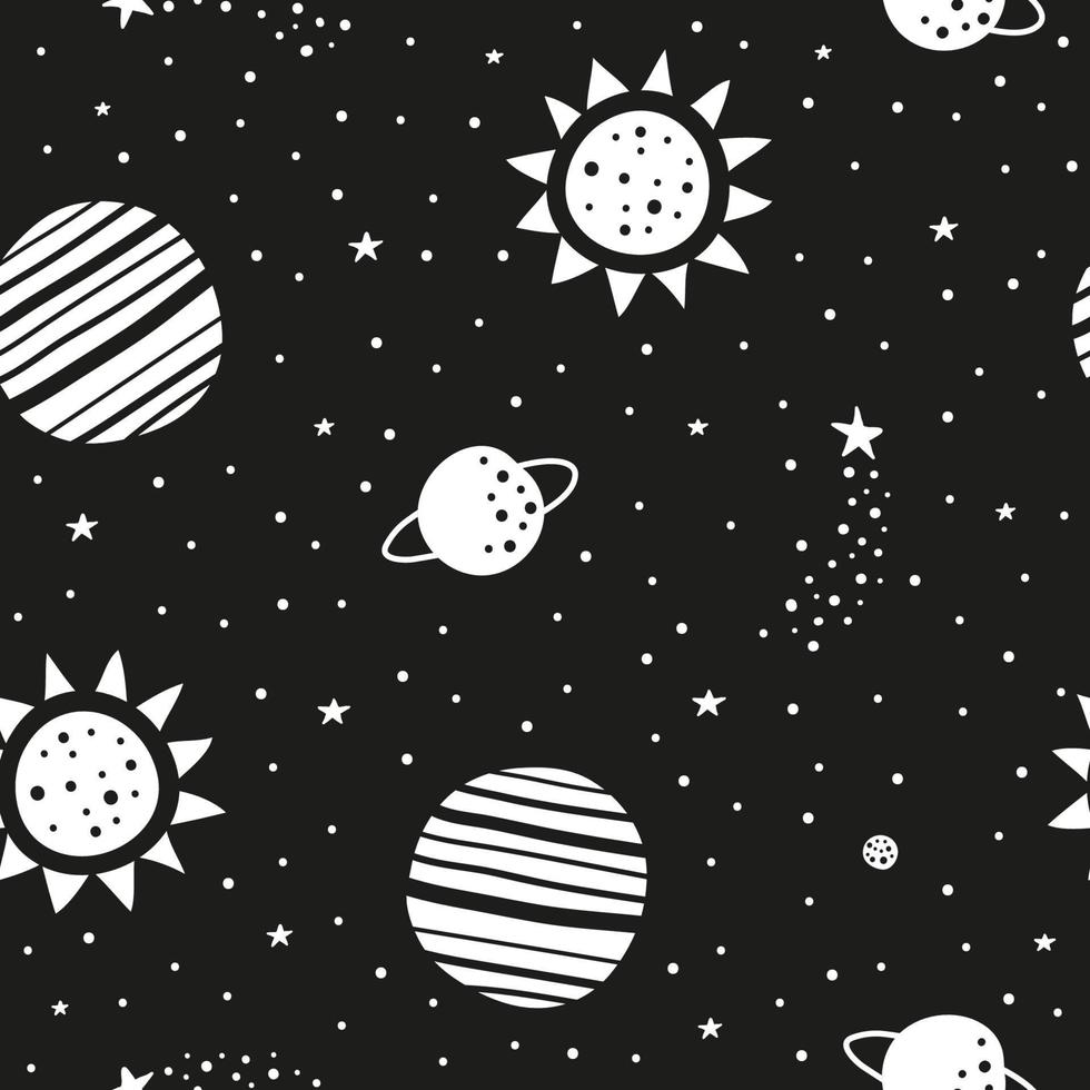 espacio en blanco y negro de patrones sin fisuras con doodle sol, estrellas y planetas. vector